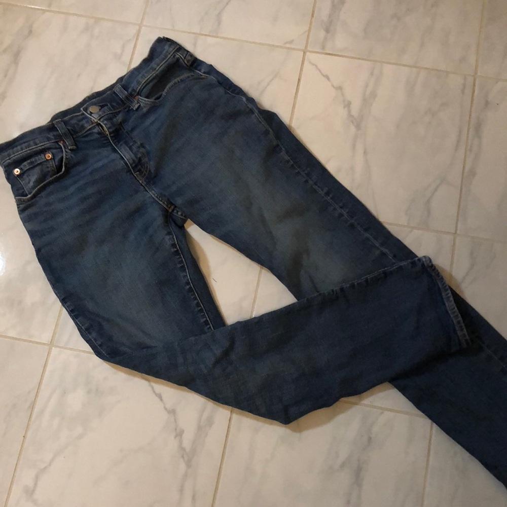Levis Strauss blue denim red tab jeans. 502. Stretchy! EUC!